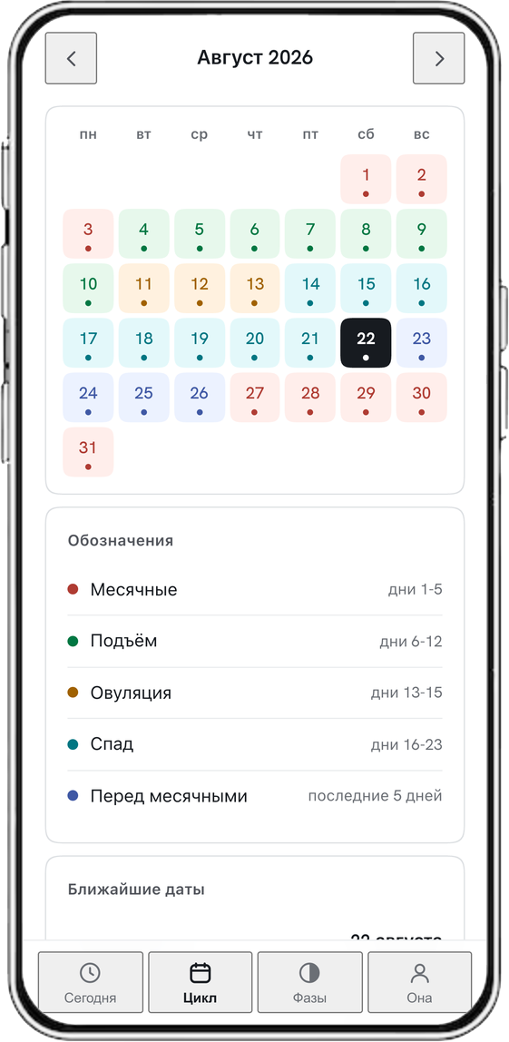 Экран Цикл: календарь месяца по фазам